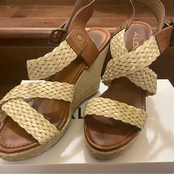 Aldo Cream and Brown Braided Wedge Sandals - Picture 2 of 4